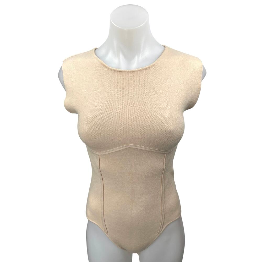 12th Tribe Cream Yellow Sleeveless Stretch Knit Bodysuit Thong Tank Top Size S